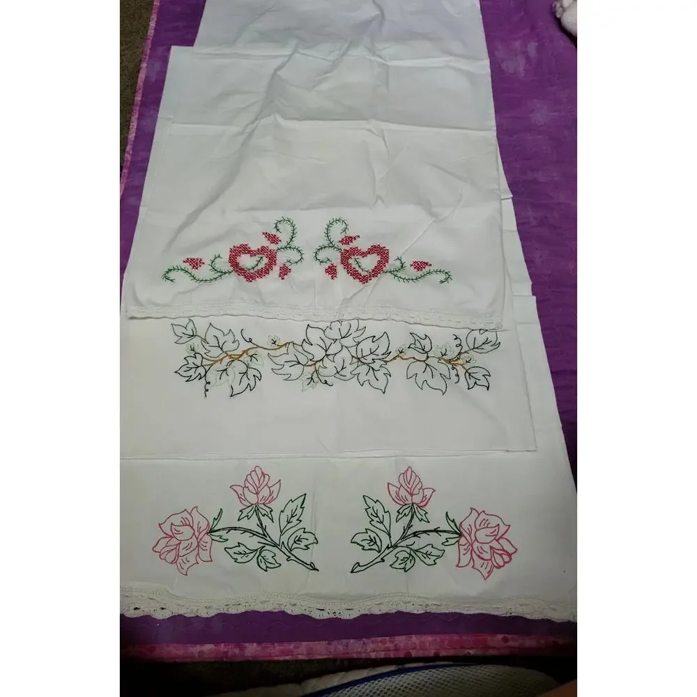 Vintage Hand Embroidered Hand Crocheted Pillow Cases Lot Of 3